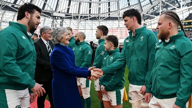 14 March 2026; President of Ireland Catherine Connolly meets Darragh Murray of Ireland before the Guinness 6 Nations Rugby Championship match between Ireland and Scotland at the Aviva Stadium in Dublin. Photo by Brendan Moran/Sportsfile
