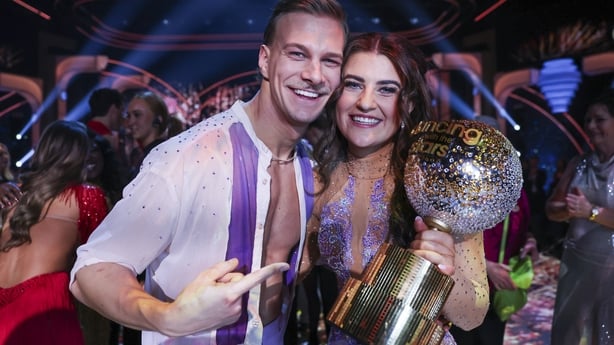 Rose of Tralee Katelyn Cummins with Pro Dancer Leonardo Lini celebrarte winning during the live show of RTE's Dancing With The Stars