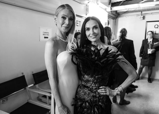 HOLLYWOOD, CALIFORNIA - MARCH 15: <<EDITORIAL ONLY, NO BOOK COVERS>> (EDITORS NOTE: Image has been converted to black and white.) (L-R) Gwyneth Paltrow and Demi Moore attend the 98th Annual Oscars at Dolby Theatre on March 15, 2026 in Hollywood, Californi