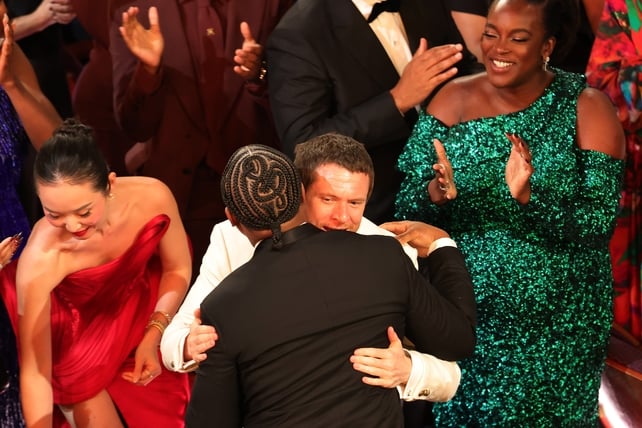 HOLLYWOOD, CALIFORNIA - MARCH 15: (L-R) Li Jun Li, Ryan Coogler, Jack O'Connell, and Wunmi Mosaku attend the 98th Oscars at Dolby Theatre on March 15, 2026 in Hollywood, California. (Photo by Kevin Winter/Getty Images)