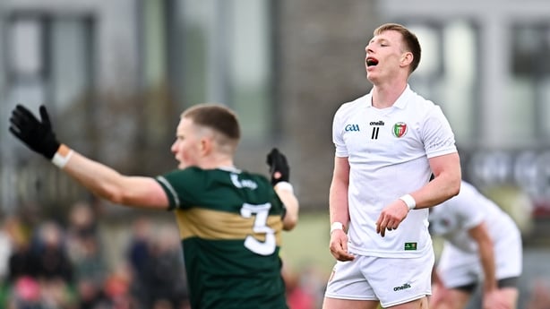 14 March 2026; Ryan O'Donoghue of Mayo reacts as Jason Foley of Kerry calls for a Mayo wide during the Allianz Football League Division 1 match between Kerry and Mayo at Austin Stack Park in Tralee, Kerry. Photo by Piaras Ó Mídheach/Sportsfile