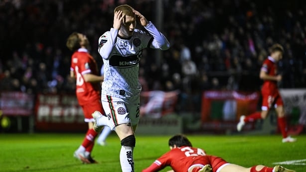 16 March 2026; Ross Tierney of Bohemians reacts after missing a chance during the SSE Airtricity Men's Premier Division match between Shelbourne and Bohemians at Tolka Park in Dublin. Photo by Paul Phelan/Sportsfile