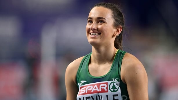 7 March 2021; Ciara Neville of Ireland after finishing fourth in her heat of the Women's 60m during the first session on day three of the European Indoor Athletics Championships at Arena Torun in Torun, Poland. Photo by Sam Barnes/Sportsfile
