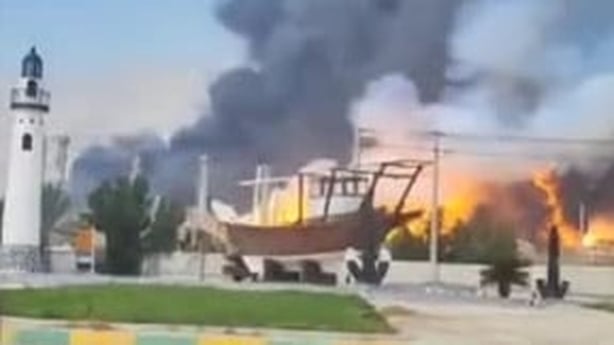 moke and fire rise near the South Pars gas field following an attack, amid the U.S.-Israeli conflict with Iran, in Bushehr Province, Iran.