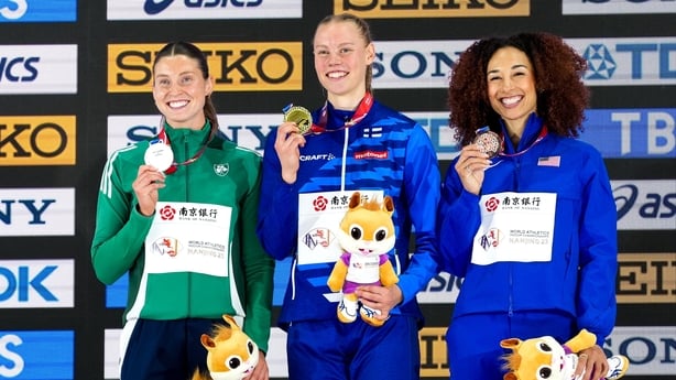 21 March 2025; Medallists in the women's pentathlon, from left, silver medallist Kate O'Connor of Ireland, gold medallist Saga Vanninen of Finland and bronze medallist Taliyah Brooks of United States on day one of the World Indoor Athletics Championships at Nanjing's Cube Gymnasium at the Nanjing Yo