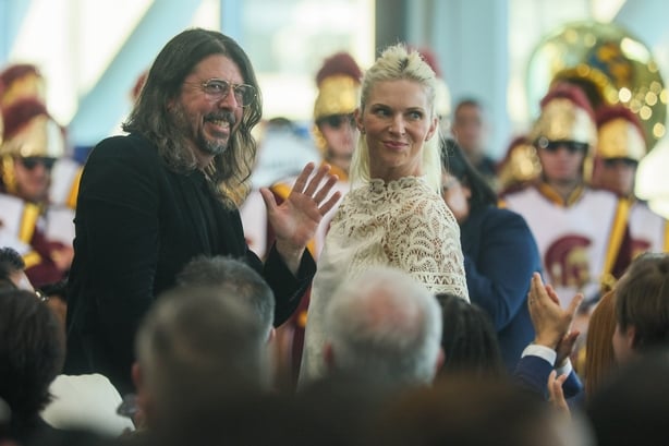 Los Angeles, CA - February 02: Musician David Grohl and wife Jordyn Blum are seen at the state of the city at Expo Center on Monday, Feb. 2, 2026 in Los Angeles, CA. (Ronaldo Bolaños / Los Angeles Times via Getty Images)