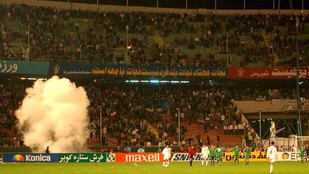 15 November 2001; Supporters let off a smoke bomb during the 2002 FIFA World Cup Qualification Play-Off Final Second Leg match between Iran and the Republic of Ireland at Azadi Stadium in Tehran, Iran. Photo by Brendan Moran/Sportsfile