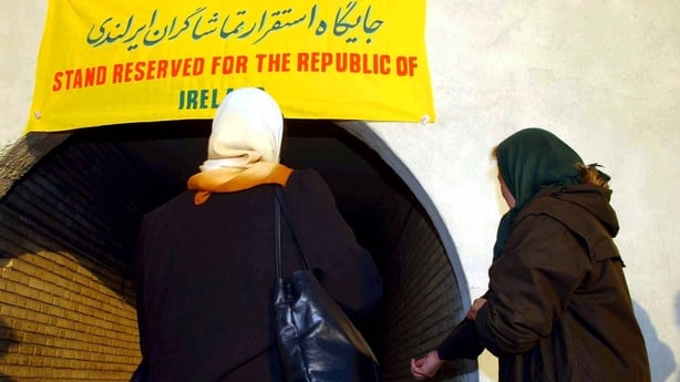 15 November 2001; Female soccer fans supporting The Republic of Ireland enter the Azadi Stadium ahead of the 2002 FIFA World Cup Qualification Play-Off Final Second Leg match between Iran and the Republic of Ireland at Azadi Stadium in Tehran, Iran. Photo by David Maher/Sportsfile