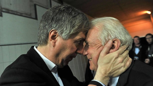 11 November 2011; FAI chief executive John Delaney celebrates with Republic of Ireland manager Giovanni Trapattoni after the game. UEFA EURO2012 Qualifying Play-off, 1st leg, Estonia v Republic of Ireland, Le Coq Arena, Tallinn, Estonia. Picture credit: David Maher / SPORTSFILE