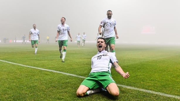 13 November 2015; Robbie Brady, Republic of Ireland, celebrates after scoring his side's first goal. UEFA EURO 2016 Championship Qualifier Play-off, 1st Leg, Bosnia and Herzegovina v Republic of Ireland. Stadion Bilino Pole, Zenica, Bosnia & Herzegovina. Picture credit: David Maher / SPORTSFILE