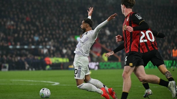 Manchester United striker Matheus Cunha is fouled in the penalty area, with team-mate Bruno Fernandes subsequently scoring from the spot