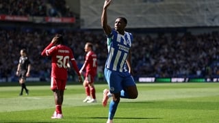 Danny Welbeck of Brighton & Hove Albion celebrates scoring his team's first goal during the Premier League match between Brighton & Hove Albion and Liverpool at Amex Stadium on March 21, 2026 in Brighton, England. (Photo by Justin Setterfield/Getty Images