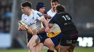 21 March 2026; Jimmy O'Brien of Leinster is tackled by Josh McKay of Glasgow Warriors during the United Rugby Championship match between Glasgow Warriors and Leinster at Scotstoun Stadium in Glasgow, Scotland. Photo by Brendan Moran/Sportsfile