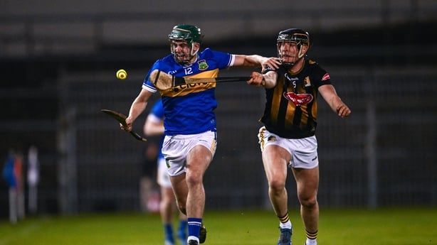 21 March 2026; Sam O'Farrell of Tipperary is tackled by Darragh Corcoran of Kilkenny during the Allianz Hurling League Division 1A match between Tipperary and Kilkenny at FBD Semple Stadium in Thurles, Tipperary. Photo by Ben McShane/Sportsfile