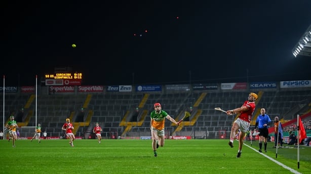 21 March 2026; Declan Dalton of Cork in action against Sam Bourke of Offaly during the Allianz Hurling League Division 1A match between Cork and Offaly at SuperValu Páirc Ui Chaoimh in Cork. Photo by Tyler Miller/Sportsfile