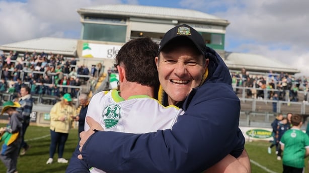 22 March 2026; Meath manager Robbie Brennan celebrates with Jason Scully after the Allianz Football League Division 2 match between Offaly and Meath at Glenisk O'Connor Park in Tullamore, Offaly. Photo by Michael P Ryan/Sportsfile