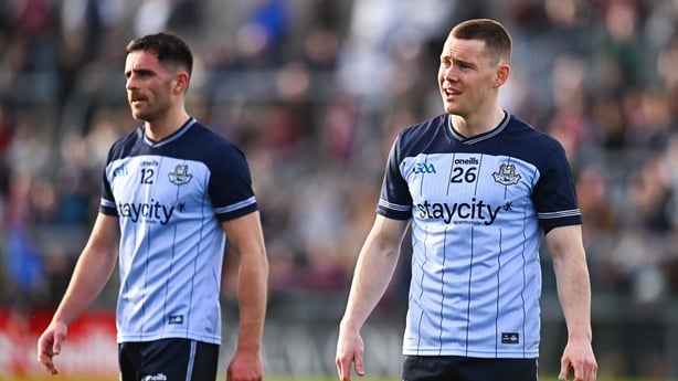 22 March 2026; Dublin players Con O'Callaghan, right, and Niall Scully after the Allianz Football League Division 1 match between Galway and Dublin at Pearse Stadium in Galway. Photo by Piaras Ó Mídheach/Sportsfile