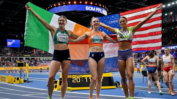 22 March 2026; Women's Pentathlon medallists, from left, third place Kate O'Connor of Ireland, first place Sofie Dokter of Netherlands and third place Anna Hall of United States during day three of the World Athletics Indoor Championships at Kujawsko-Pomorska Arena in Torun, Poland. Photo by Sam Bar