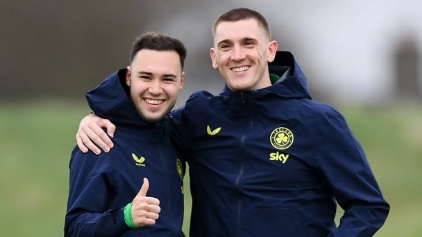 Harvey Vale and Jimmy Dunne, right, during a Republic of Ireland men's training session at the FAI National Training Centre in Abbotstown, Dublin.