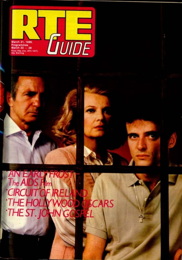 RTE Guide cover March 1986 showing the stars of the TV movie An Early Frost, Ben Gazzara, Gena Rowlands and Aidan Quinn