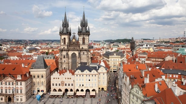 An aerial view of Prague Old Town Square looking at Church of Our Lady before Tyn. Old Town Square, Prague, Czech Republic.
