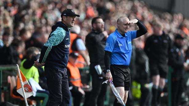22 March 2026; Kerry manager Jack O'Connor with line umpire Barry Cassidy, to his left, during the Allianz Football League Division 1 match between Armagh and Kerry at BOX-IT Athletic Grounds in Armagh. Photo by Ray McManus/Sportsfile