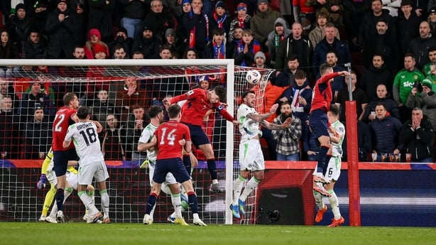 26 March 2026; Ladislav Krejčí of Czechia, centre, heads to score his side's second goal during the FIFA World Cup 2026 European Qualifiers play-off semi-final match between Czechia and Republic of Ireland at Fortuna Arena in Prague, Czechia. Photo by Stephen McCarthy/Sportsfile