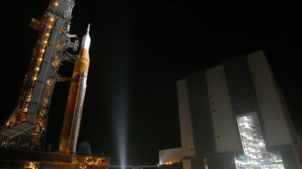 Image shows the the Artemis II Space Launch System rocket with the Orion spacecraft