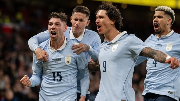 LONDON, ENGLAND - MARCH 27: Federico Valverde of Uruguay celebrate with teammates Brian Rodriguez and Darwin Nunez after scoring goal during the international friendly match between England and Uruguay at Wembley Stadium on March 27, 2026 in London, England. (Photo by Sebastian Frej/Getty Images)
