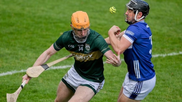 28 March 2026; Daniel Casey of Kerry and Lee Cleere of Laois contest possession during the Allianz Hurling League Division 2 final match between Laois and Kerry at Laois Hire O'Moore Park in Portlaoise, Laois. Photo by Brendan Moran/Sportsfile