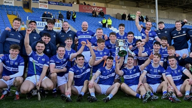 28 March 2026; The Laois team celebrate with the cup after the Allianz Hurling League Division 2 final match between Laois and Kerry at Laois Hire O'Moore Park in Portlaoise, Laois. Photo by Brendan Moran/Sportsfile
