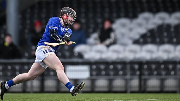 28 March 2026; Mícheál Mulcahy of Longford scores his side's second goal during the Allianz Hurling League Division 4 final match between Sligo and Longford at Markievicz Park in Sligo. Photo by Seb Daly/Sportsfile
