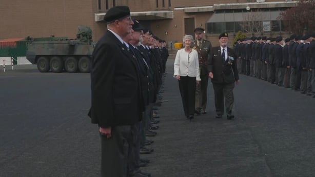 President Catherine Connolly inspecting the guard of ex veterans at Cathal Brugha Barracks