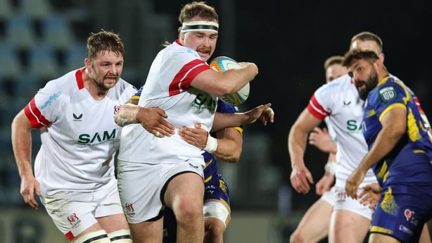 28 March 2026; Tom McAllister of Ulster runs with the ball during the United Rugby Championship match between Zebre and Ulster at Stadio Lanfranchi in Parma, Italy. Photo by Tim Rogers/Sportsfile