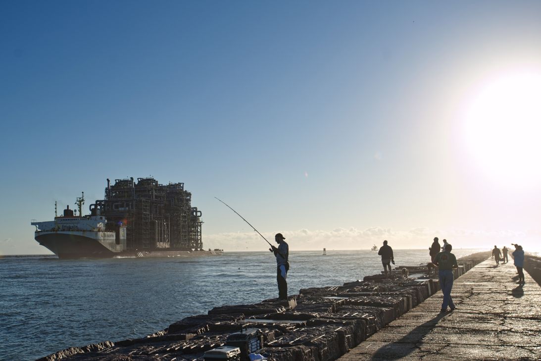 A cargo ship carrying a furnace for a petrochemical plant co-owned by ExxonMobil and Saudi chemicals company SABIC travels to the Port of Corpus Christi in December 2020.