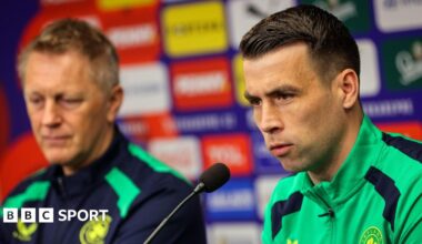 Seamus Coleman speaking to reporters on Wednesday