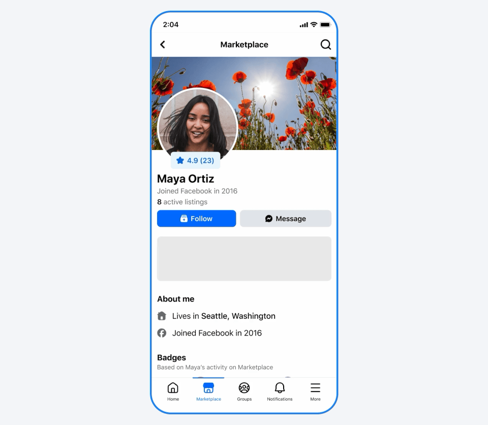 A GIF showing an Meta AI profile summary on a Facebook Marketplace profile.