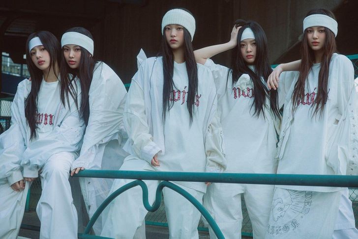 From left are K-pop girl group NewJeans members Minji, Hyein, Haerin, Hanni and Danielle. Courtesy of Ador