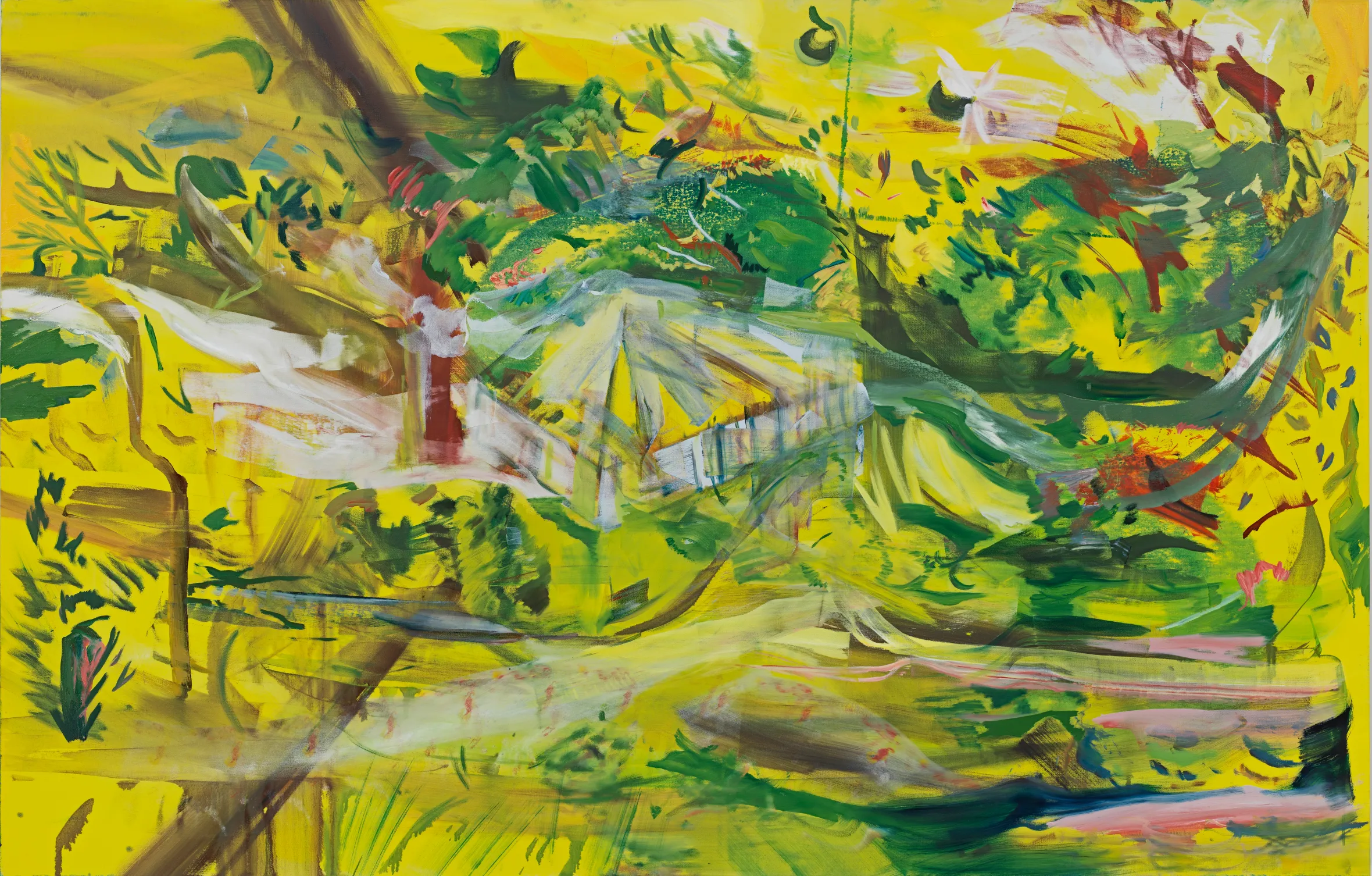 Oil painting, "The Serpentine Picture" by Cecily Brown, features thick brushstrokes of green and white over a vibrant yellow background, creating an abstract representation of foliage and light.