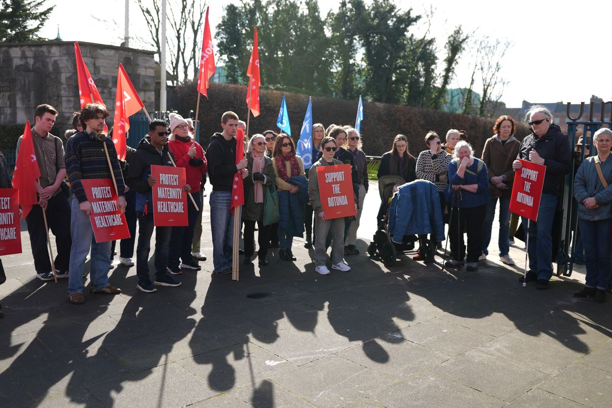 People take part in an International Women's Day rally organised by the Labour Party at the Garden of Remembrance in Dublin City Centre, supporting the Rotunda Hospital, and maternity healthcare. 