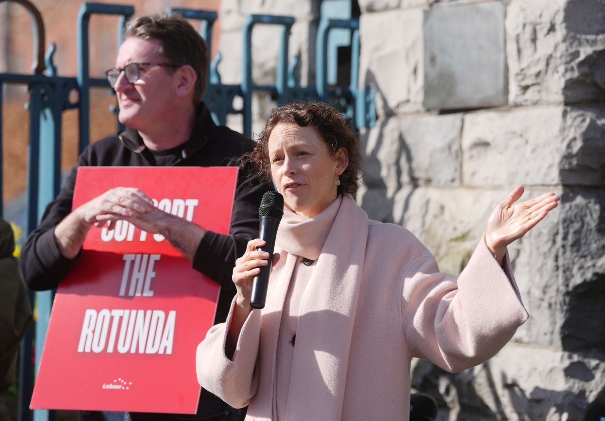 Labour TD Marie Sherlock speaking at an International Women's Day rally organised by the Labour Party at the Garden of Remembrance in Dublin City Centre, supporting the Rotunda Hospital, and maternity healthcare