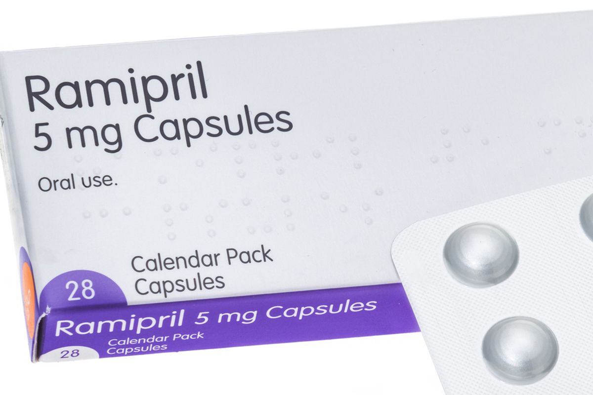 A box of generic Ramipril pills.   Ramipril is a prescription drug primarily used for the treatment of high blood pressure. - white background