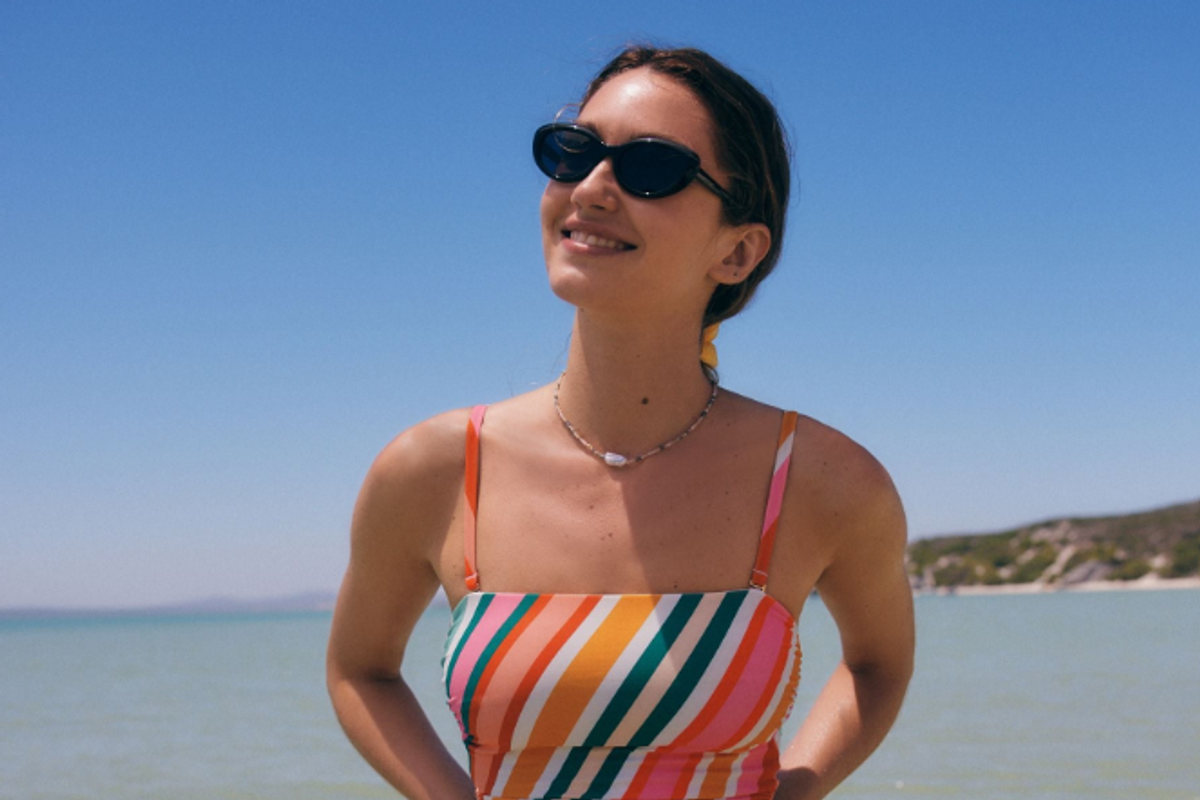 Bright Multicolour Stripe Bandeau Ruched Leg Tummy Control Shaping Swimsuit