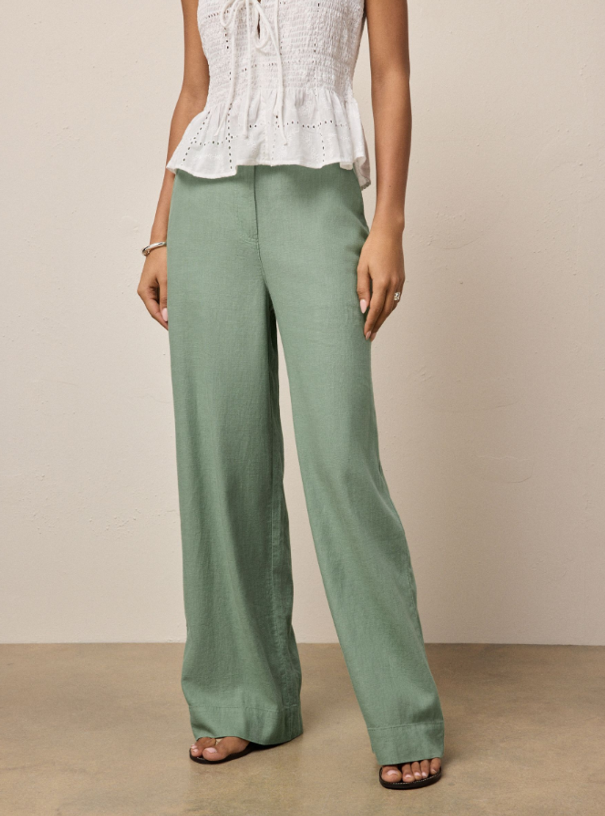 Sage Green Smart Front Linen Blend Wide Leg Trousers
