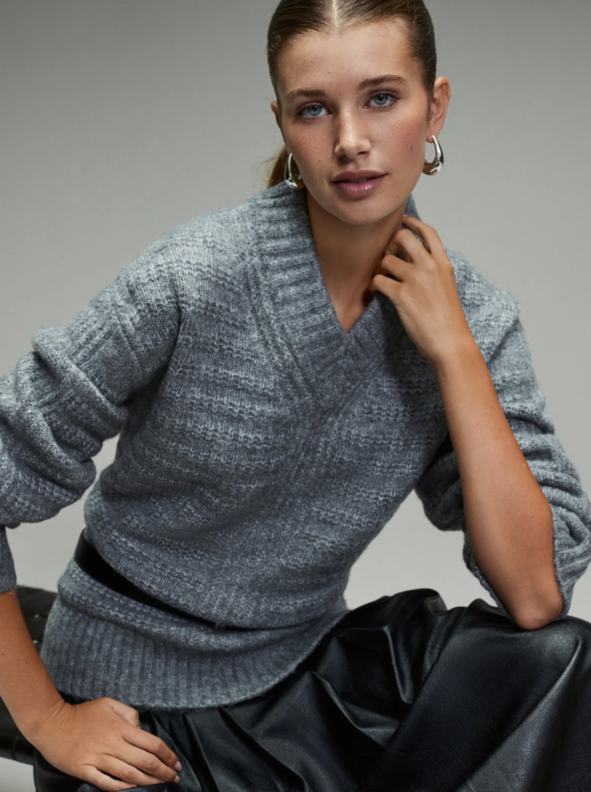 Grey Ribbed Longline V-Neck Jumper With Wool, €17.50