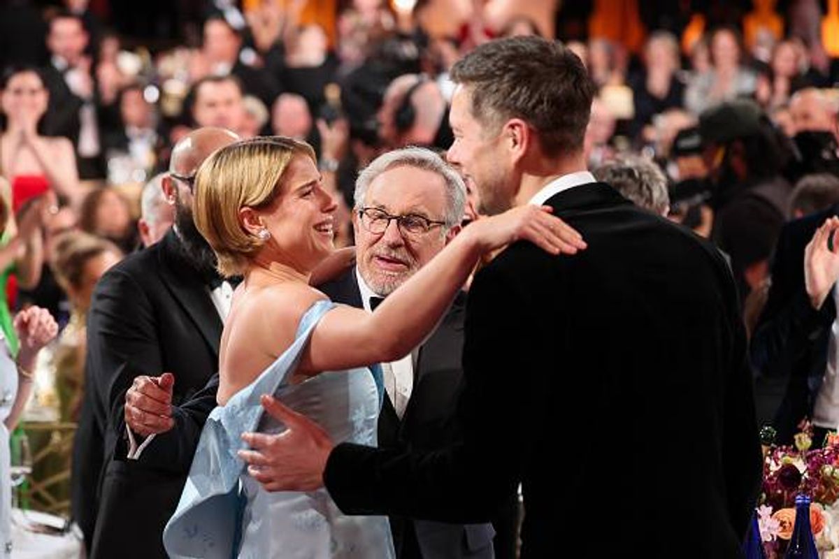 Jessie Buckley and Steven Spielberg at the 83rd Annual Golden Globes held at The Beverly Hilton on January 11, 2026 in Beverly Hills, California