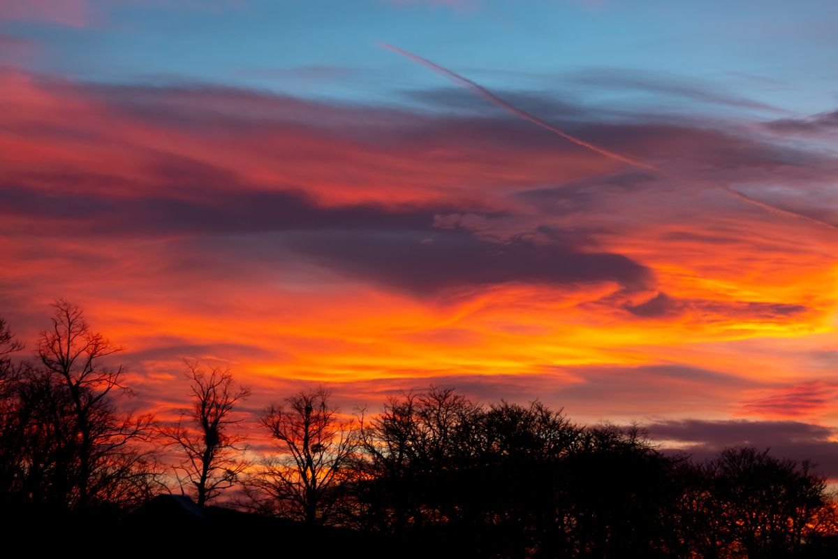 Saffron Walden, Essex, UK - February 1, 2024: Saharan dust cloud creates spectacular skies at sunset over England UK with a silhouette skyline
