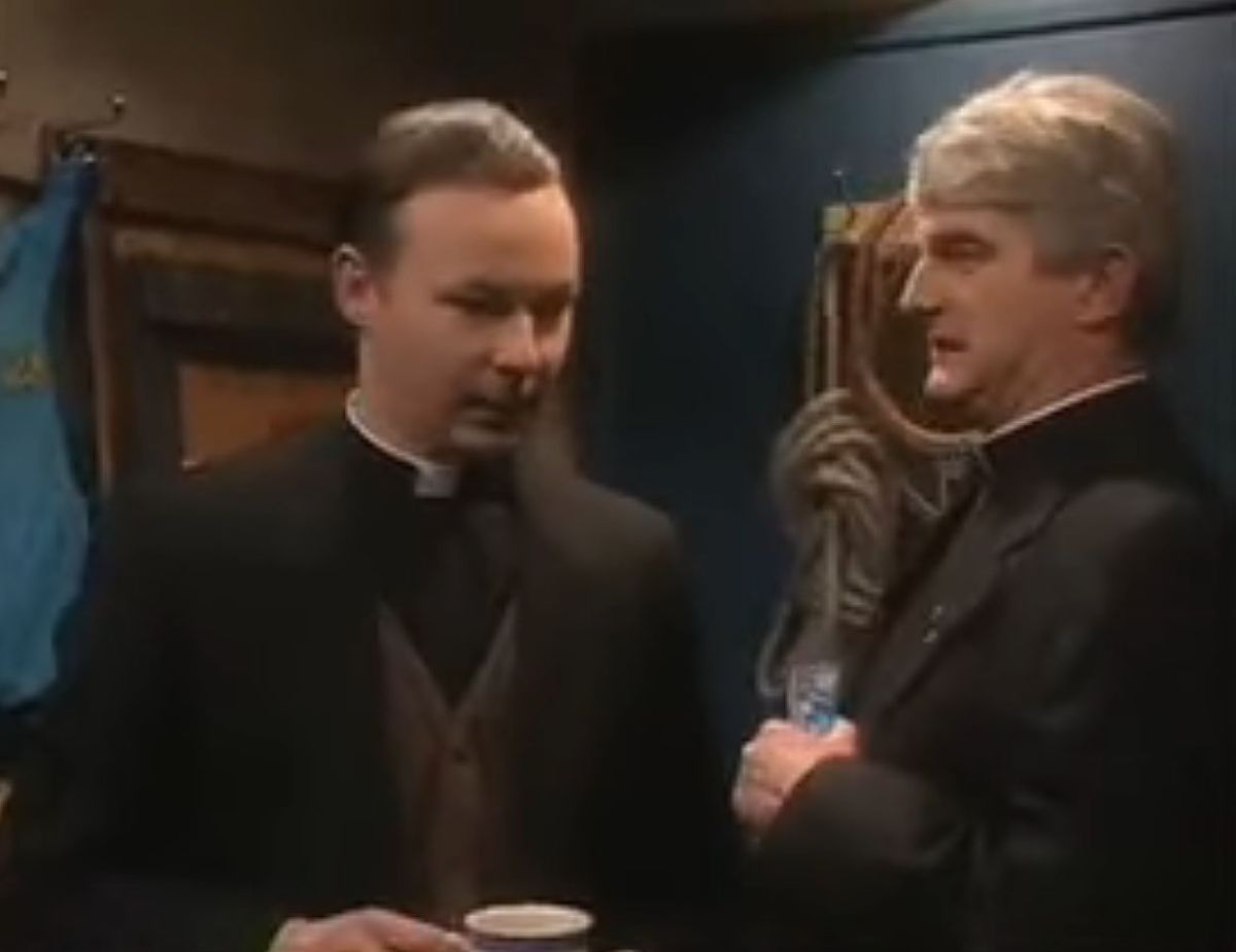 Ben Keaton as Fr Austin Purcell in Fr Ted with Dermot Morgan