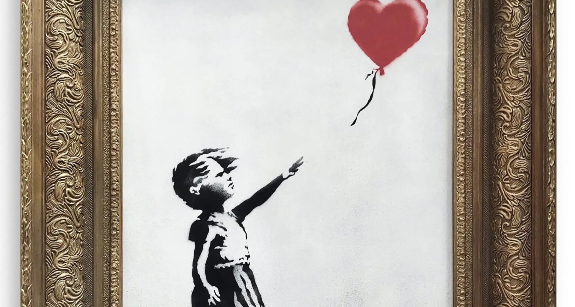 A framed artwork of a child reaching for a red heart-shaped balloon on a white background.