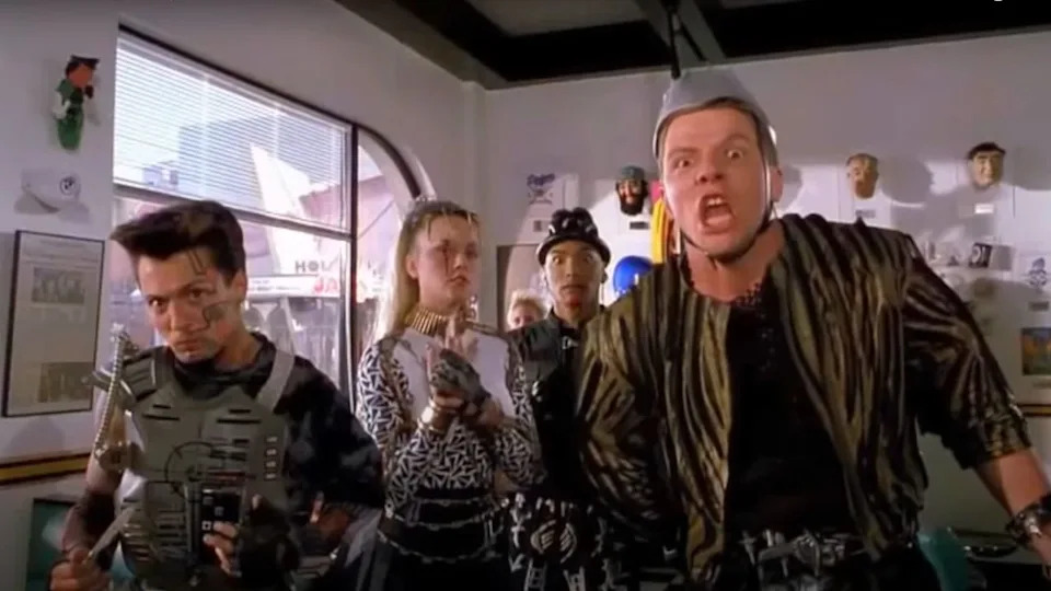  Thomas F. Wilson and his gang taunting in Back to the Future Part II. 